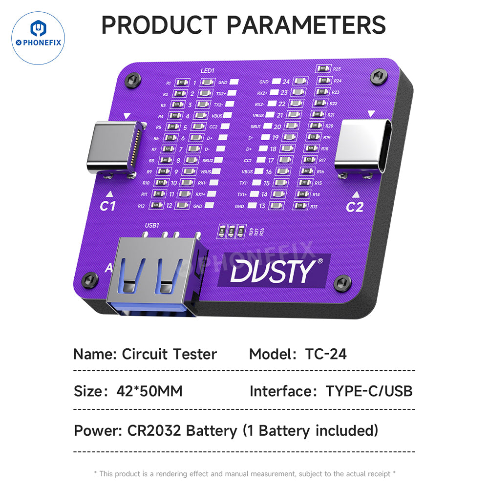 MECHANIC TC-24 Dusty Type-C Data Cable Circuit Fault Pins Tester