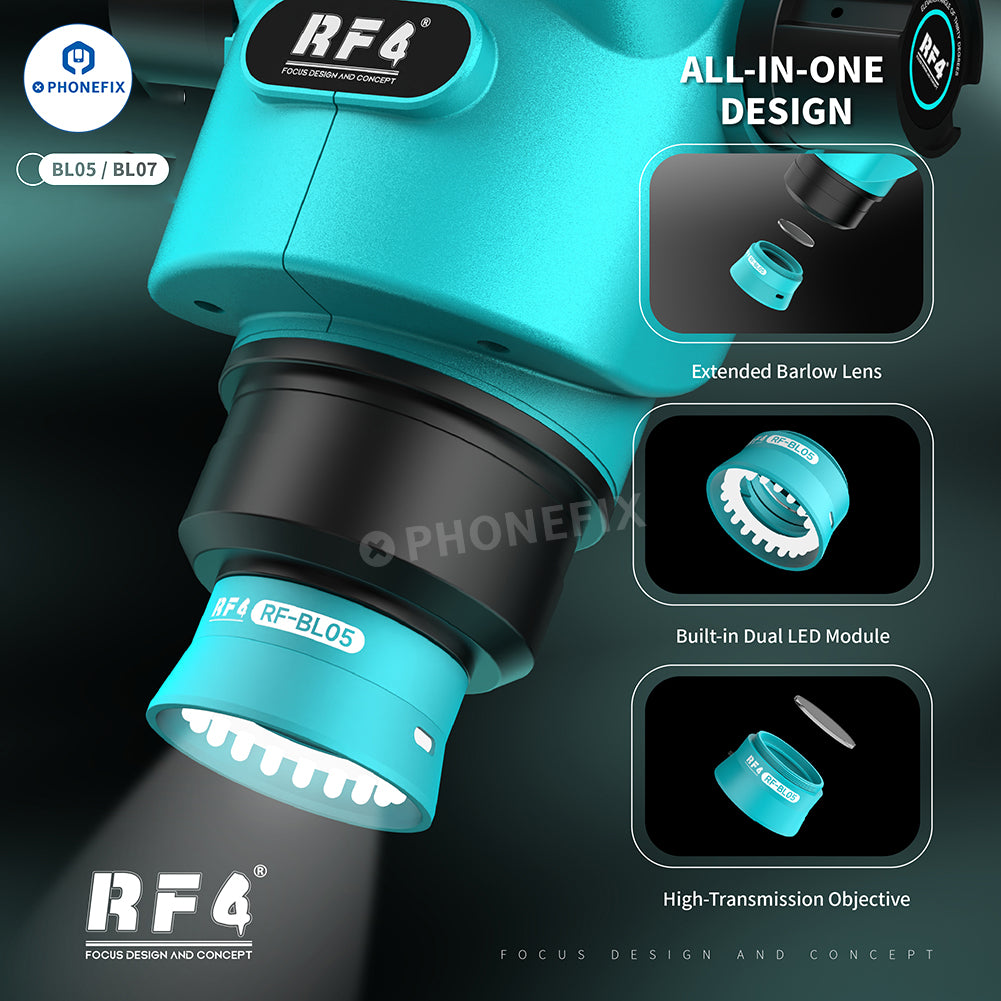 RF4 RF-BL05/RF-BL07 integrated LED illumination auxiliary objective for microscopes, showing LED light source and lens attachment.