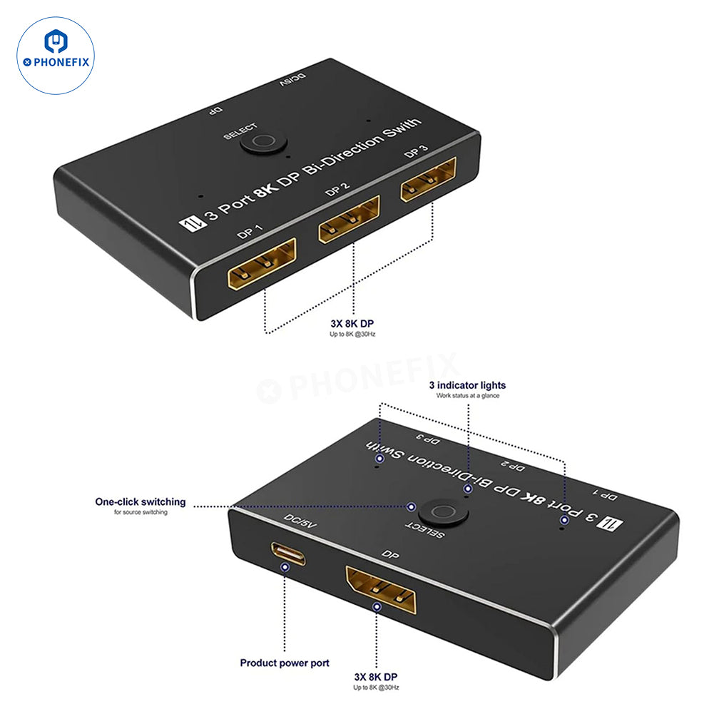 3-Port 8K DP Bi-Directional Switch 30Hz HD DP1.4 Video Converter
