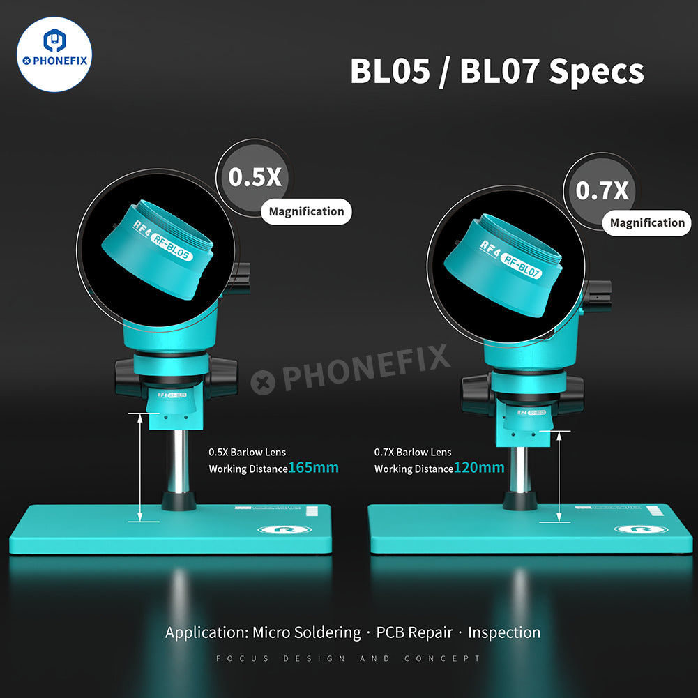 Integrated LED illumination auxiliary objective for RF4 RF-BL05/RF-BL07 microscopes, made by PHONEFIX, with built-in lighting.