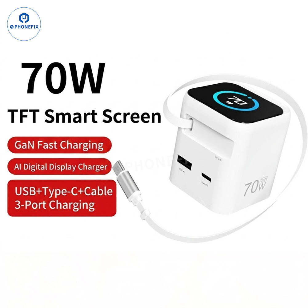 PHONEFIX portable 70W GaN charger with retractable cable and touch display, compact power adapter for fast charging.