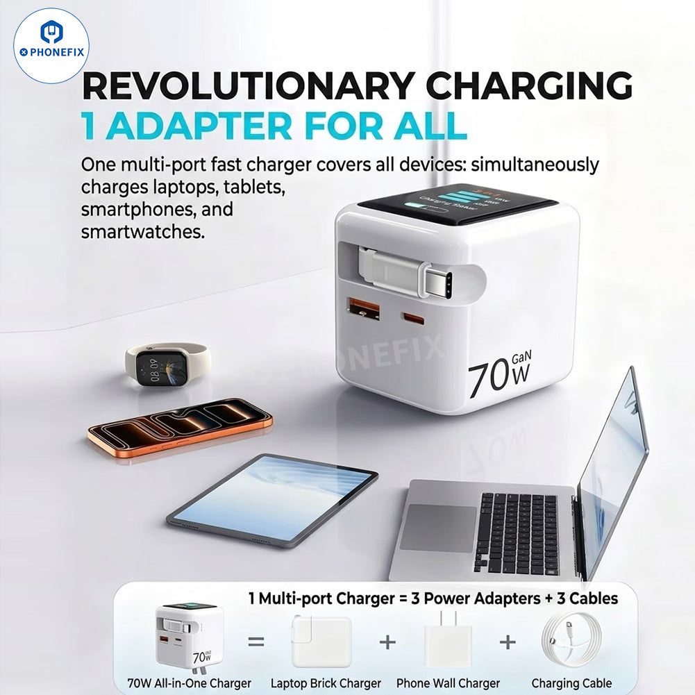 PHONEFIX portable 70W GaN charger with retractable cable and touch display, compact power adapter for fast charging.