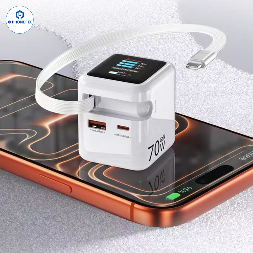 PHONEFIX portable 70W GaN charger with retractable cable and touch display, compact power adapter for fast charging.