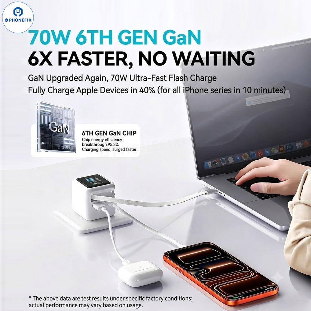 PHONEFIX portable 70W GaN charger with retractable cable and touch display, compact power adapter for fast charging.