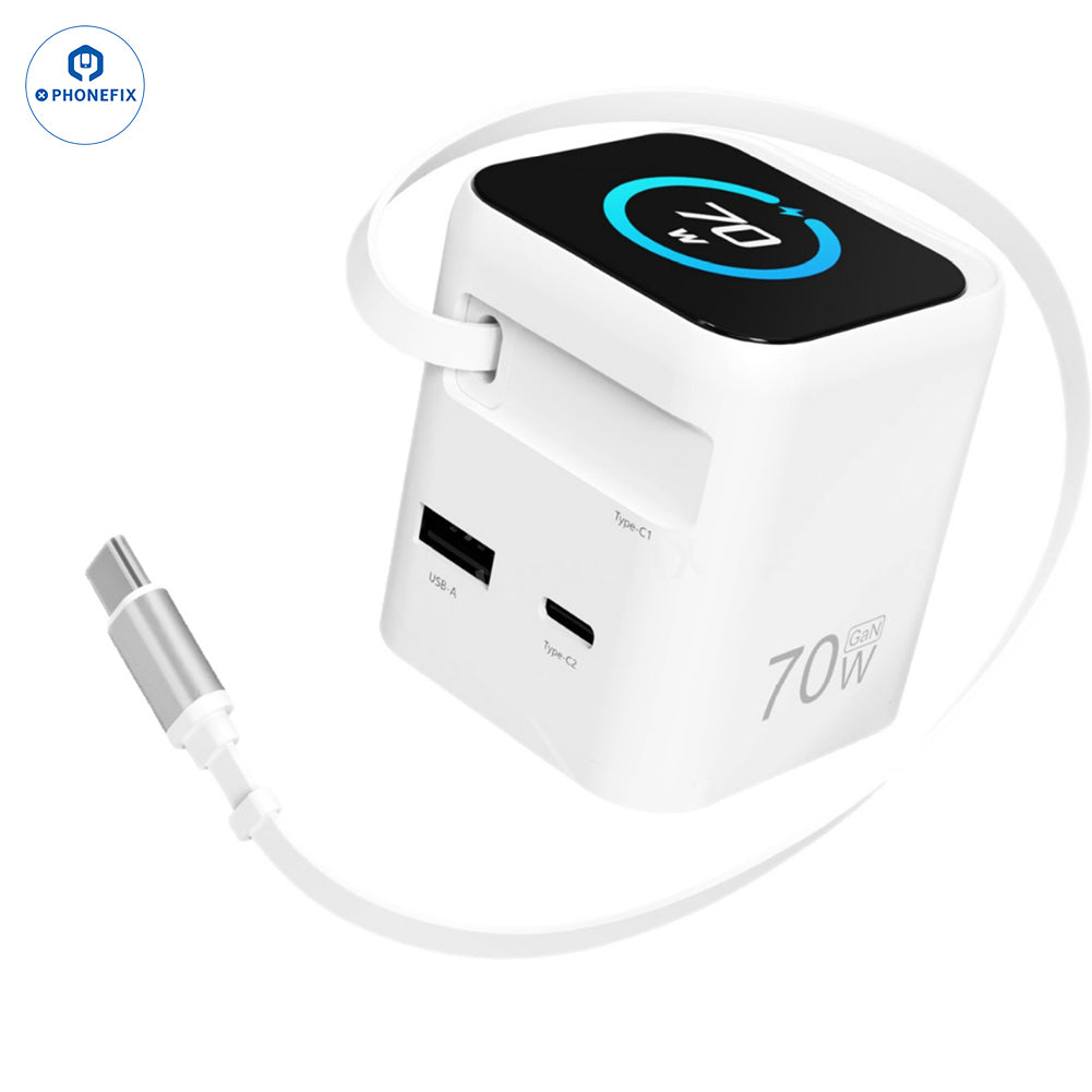 PHONEFIX 70W GaN portable charger with retractable cable and touch display, compact power cable and charging device