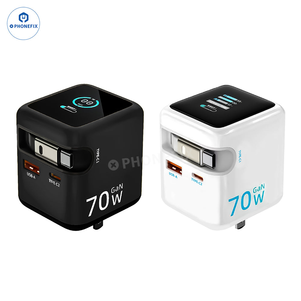 PHONEFIX 70W GaN portable charger with retractable cable and touch display, compact power adapter for fast charging.