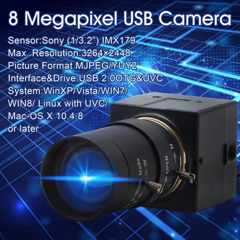 8MP USB Webcam Varifocal Lens High Speed Indurstrial Camera
