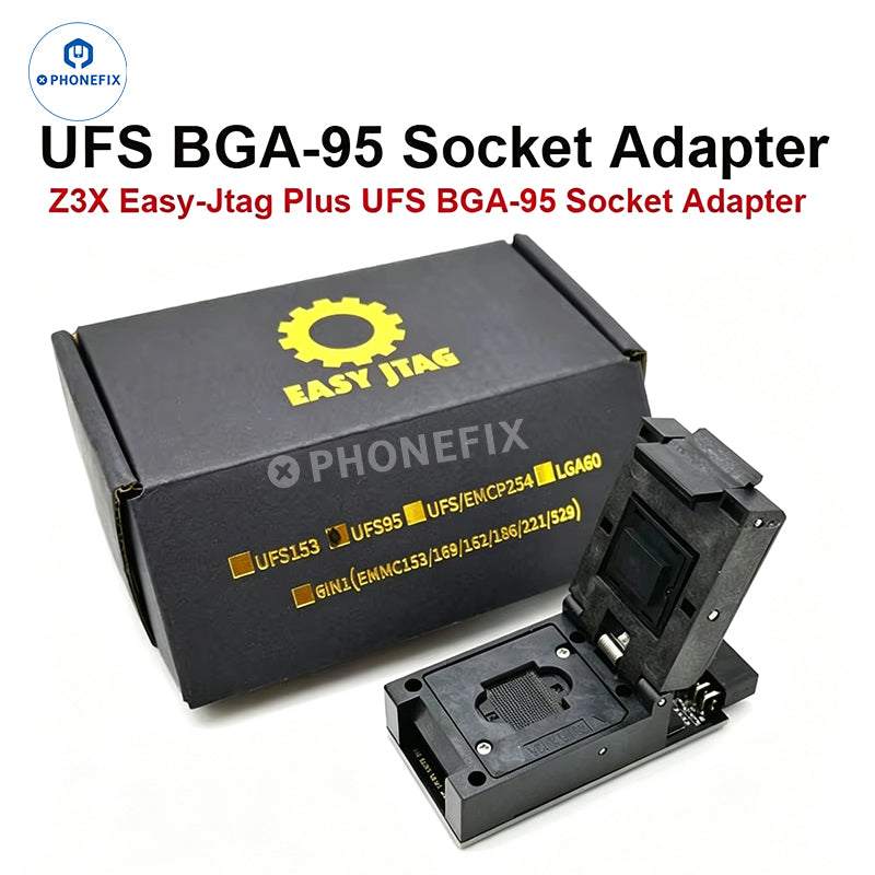 Z3X Easy Jtag Plus Box BGA95 socket adapter for phone unlocking tools by PHONEFIX, with visible socket and connectors.