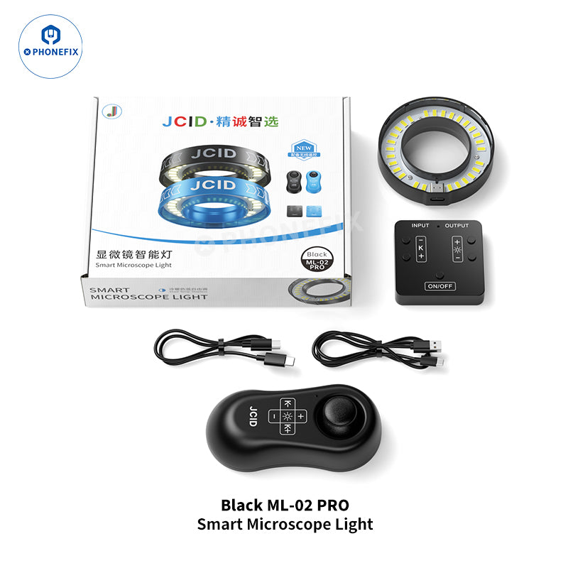 Black PHONEFIX JCID ML-02 Pro smart adjustable LED microscope ring light attached to a microscope for enhanced illumination.
