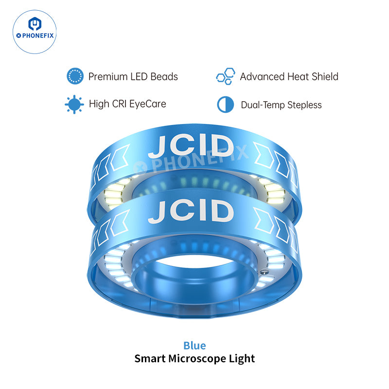 Blue PHONEFIX JCID ML-01 ML-02 Pro Smart Adjustable LED Microscope Ring Light attached to a microscope for enhanced illumination.