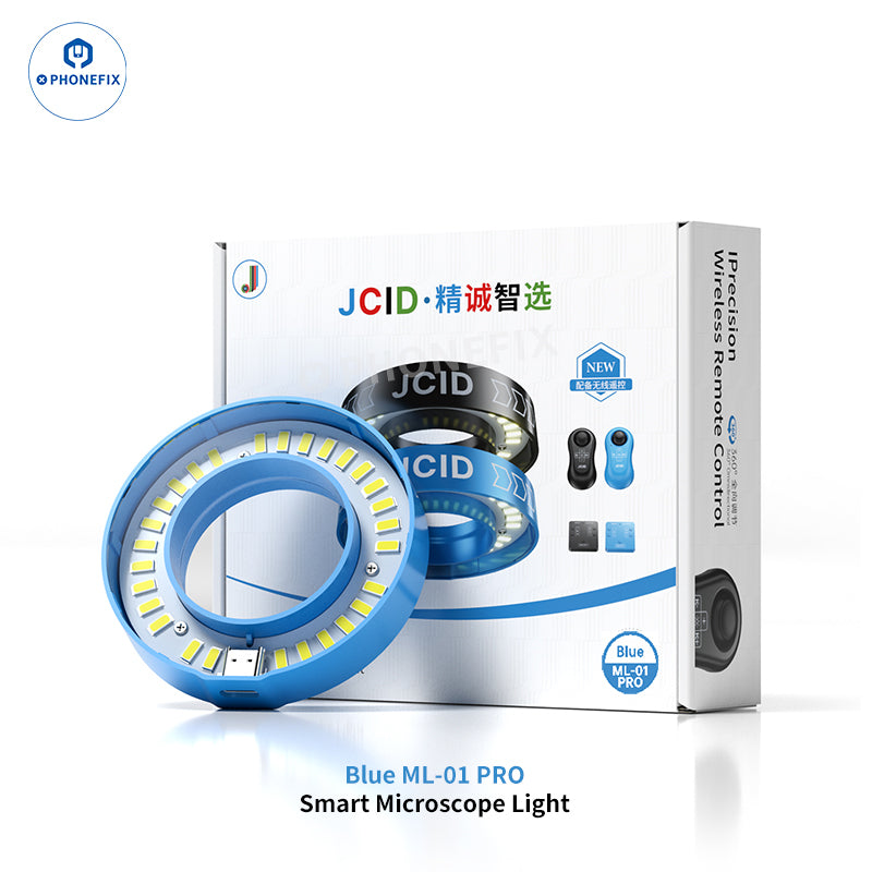 Blue JCID ML-01 ML-02 Pro smart adjustable LED microscope ring light for microscopes, by PHONEFIX, used as a microscope accessory.
