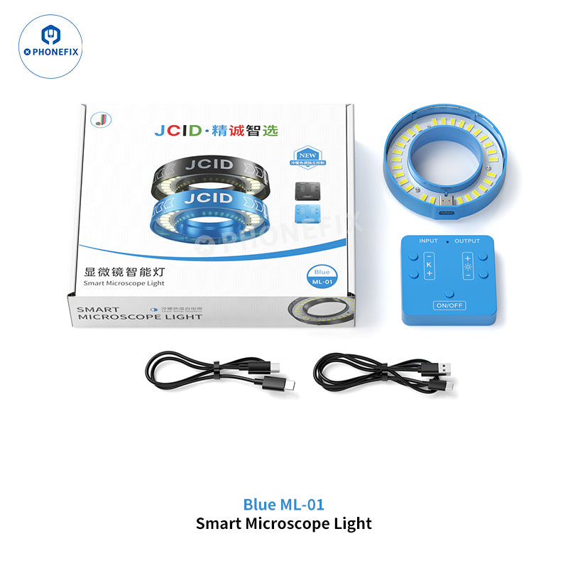 Blue JCID ML-01 ML-02 Pro Smart Adjustable LED Microscope Ring Light, microscope accessory with adjustable brightness.