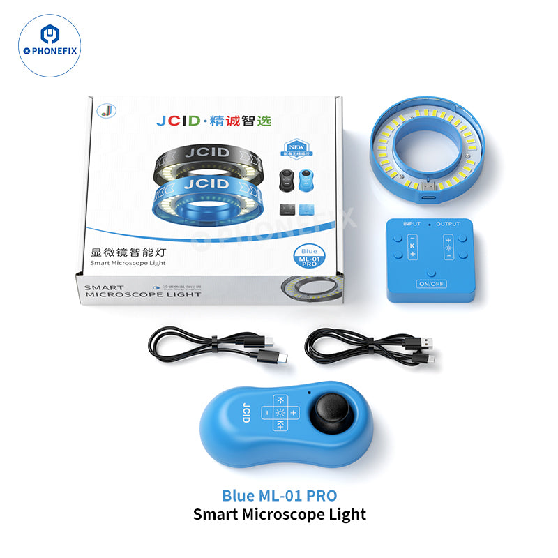 Blue PHONEFIX JCID ML-01 ML-02 Pro smart adjustable LED microscope ring light attached to a microscope for detailed illumination.