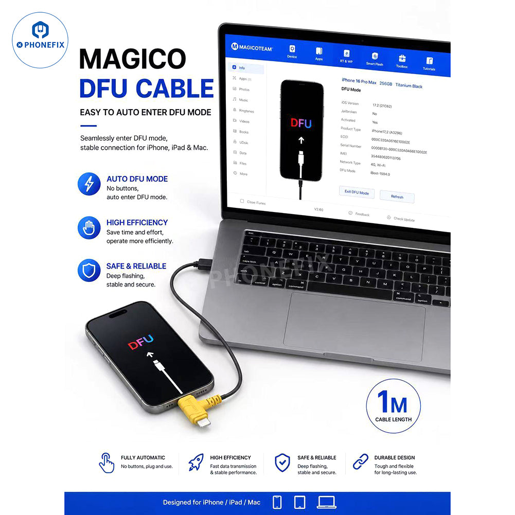MAGICO 2-in-1 Auto DFU Cable for iPhone 6-17 Series & iPad & MAC