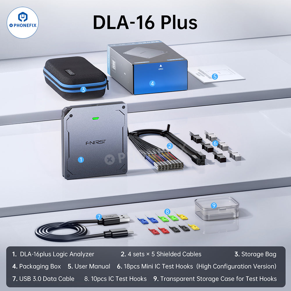 FNIRSI DLA-16 Plus Logic Analyzer by PHONEFIX with 1G sampling rate, USB 3.0 interface, used for protocol debugging and repair assist.