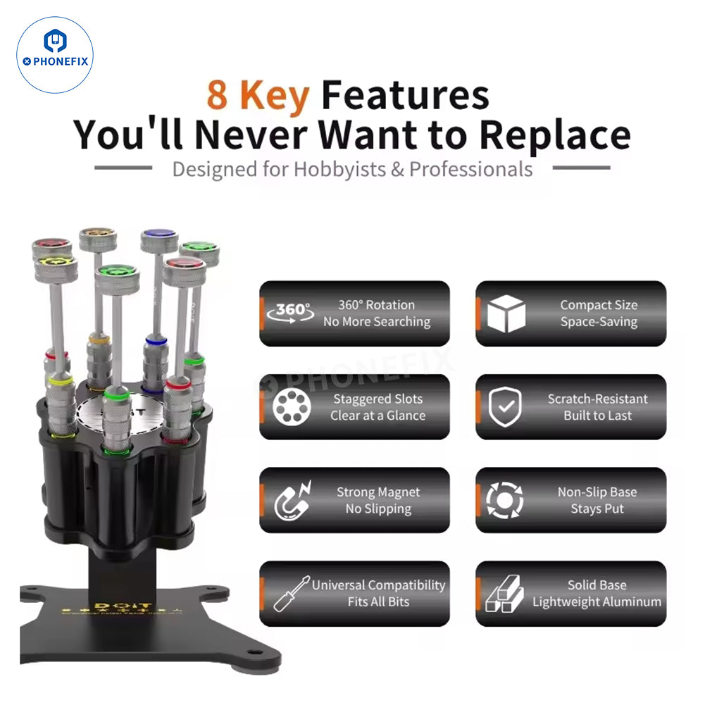 PhoneFix DOiT DPS-V2.0 magnetic screwdriver bit holder storage box with rotating rack for organized tool storage
