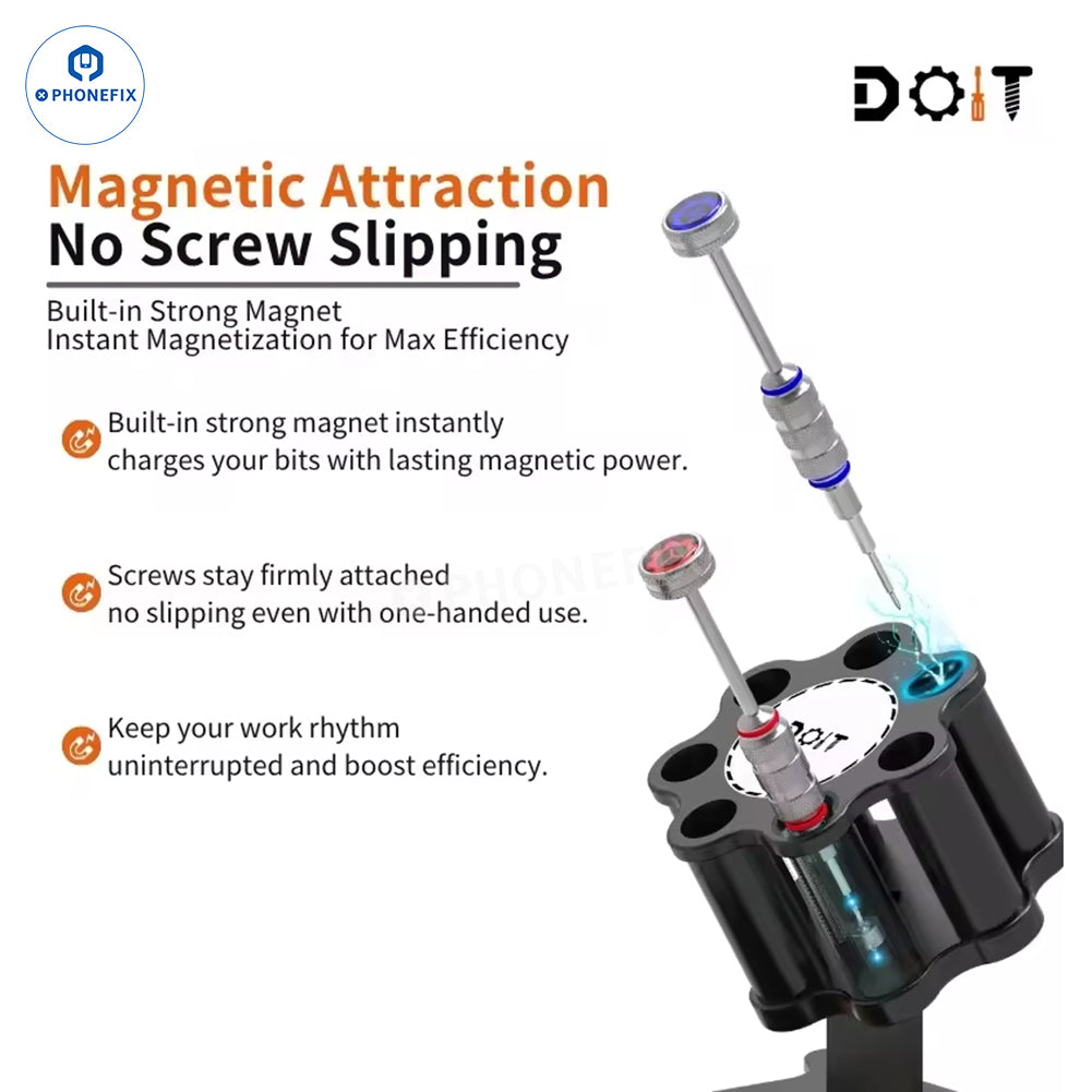 PHONEFIX DOiT DPS-V2.0 magnetic screwdriver bit holder storage box with rotating design and organized magnetic slots.