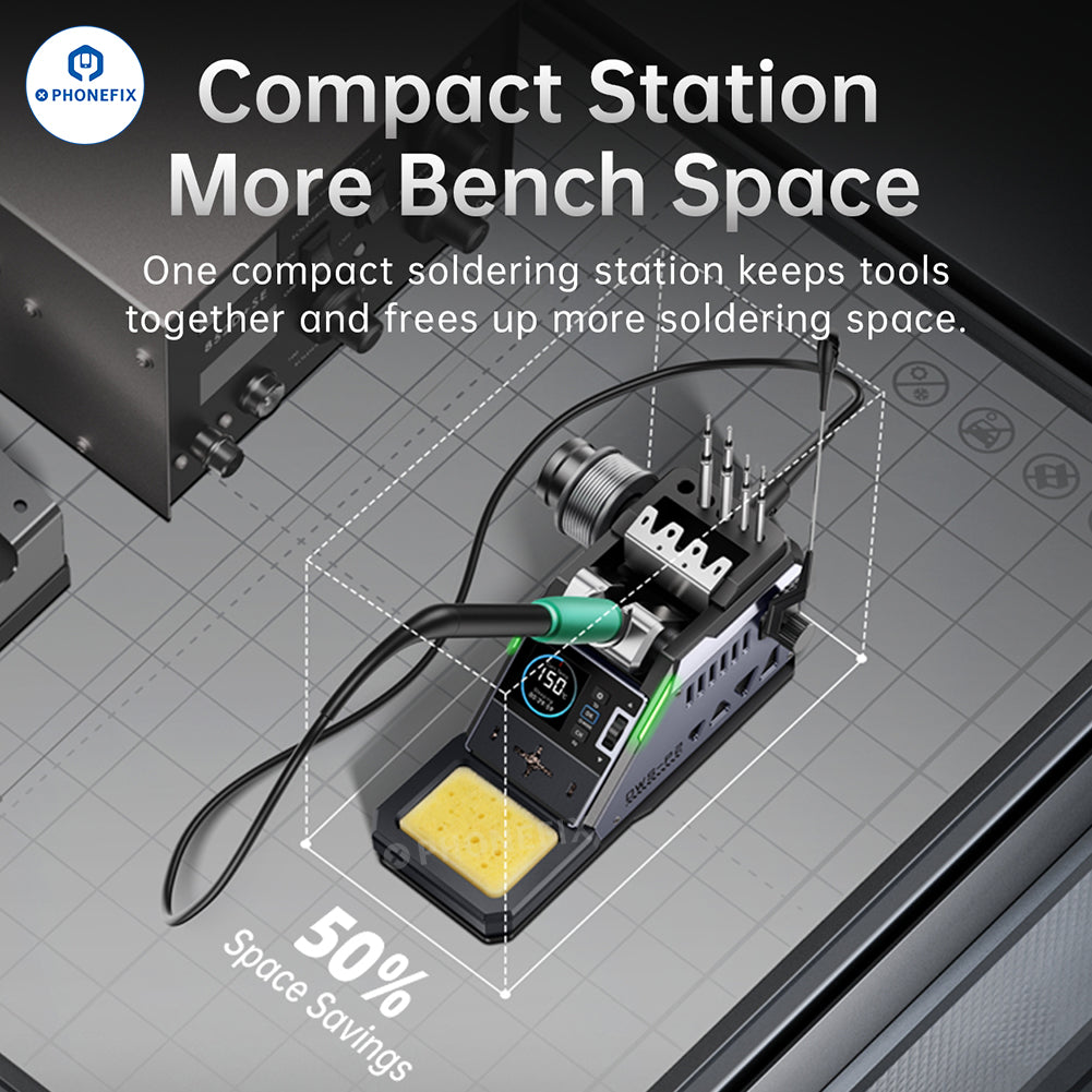PHONEFIX FNIRSI DWS-F245/F210 BGA rework station DIY kit with soldering tools for phone repair, showing the soldering station setup.
