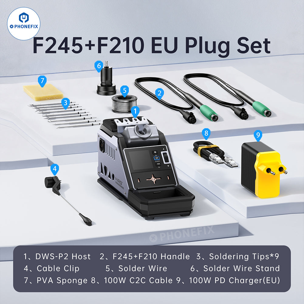 FNIRSI DWS-F245/F210 BGA rework station DIY kit for phone repair, includes soldering station and accessories, full set shown.