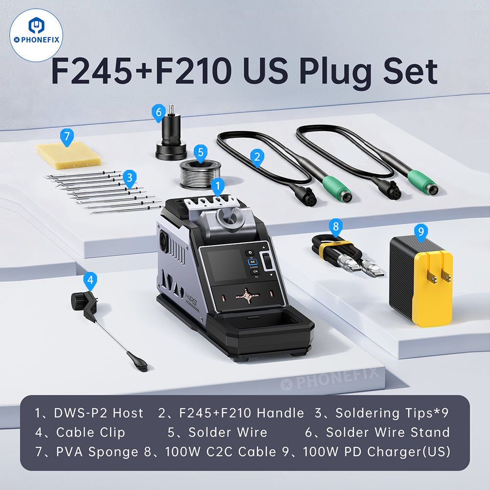 FNIRSI DWS-F245/F210 BGA rework soldering station DIY kit for phone repair, includes full set with tools and accessories.