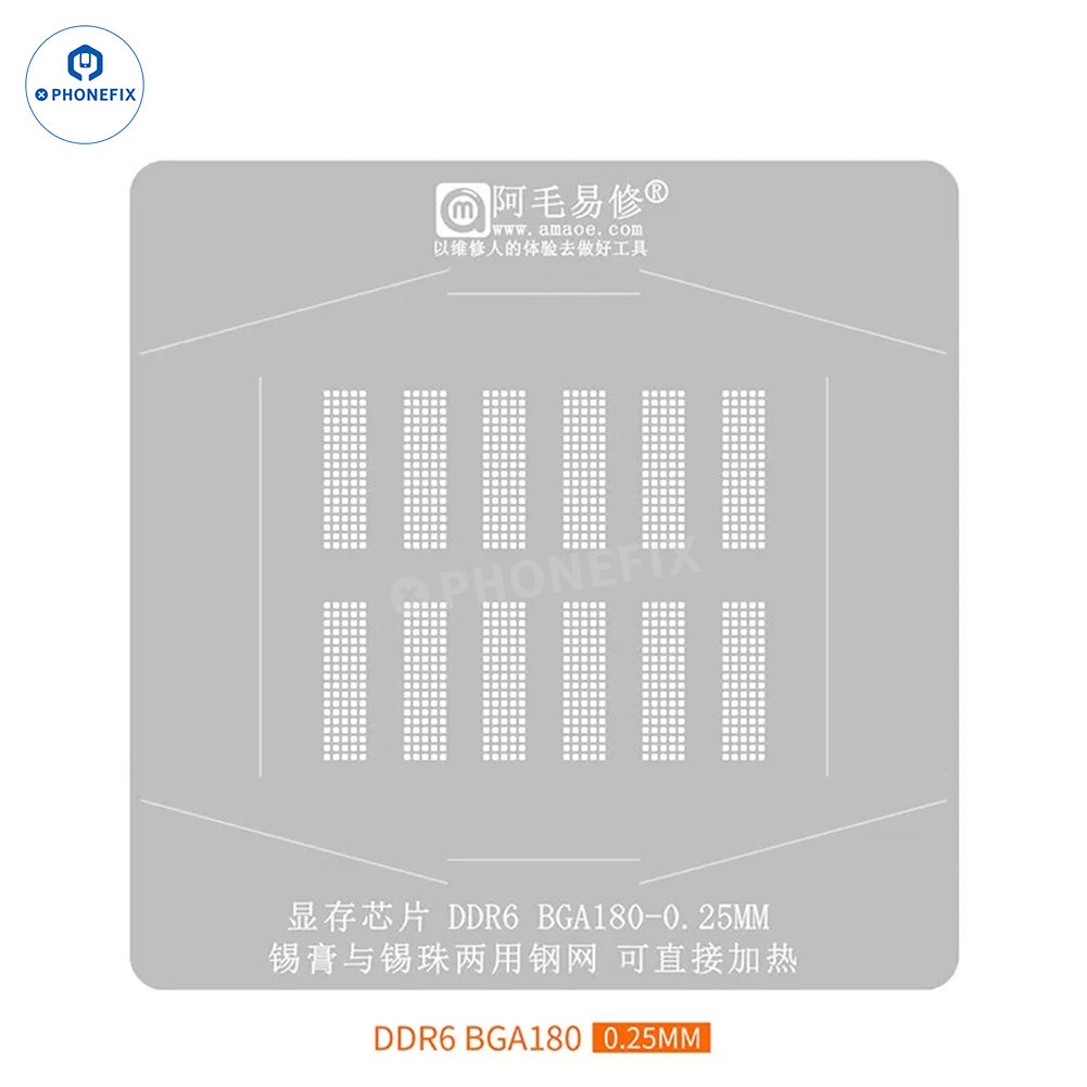 PHONEFIX GDDR6 BGA reballing platform with stencil for GDDR5, GDDR6, and GDDR7 memory modules, featuring detailed stencil design.