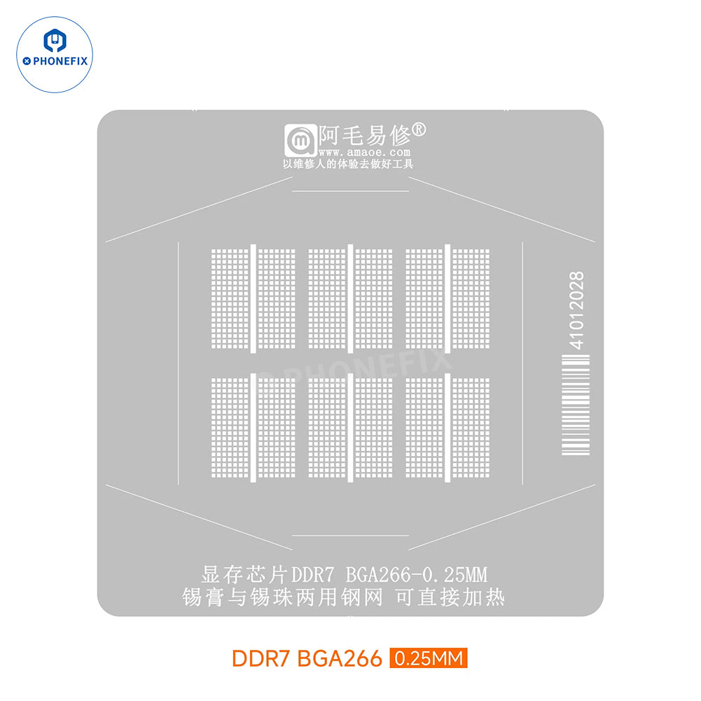 PHONEFIX GDDR7 BGA reballing platform with stencils for GDDR6 and GDDR5 memory chips, featuring a detailed stencil design.