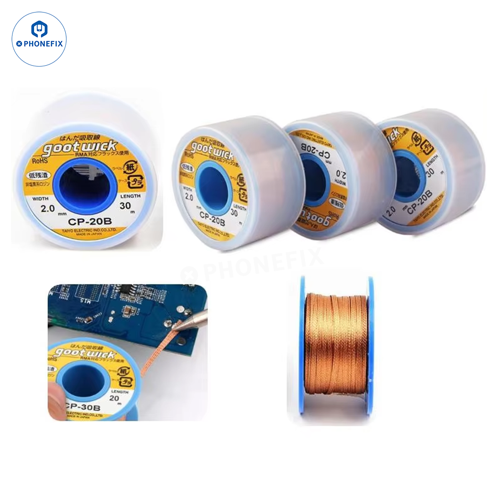 Original GOOT WICK desoldering solder wire in CP series, used for removing solder in electronics repair, by PHONEFIX.