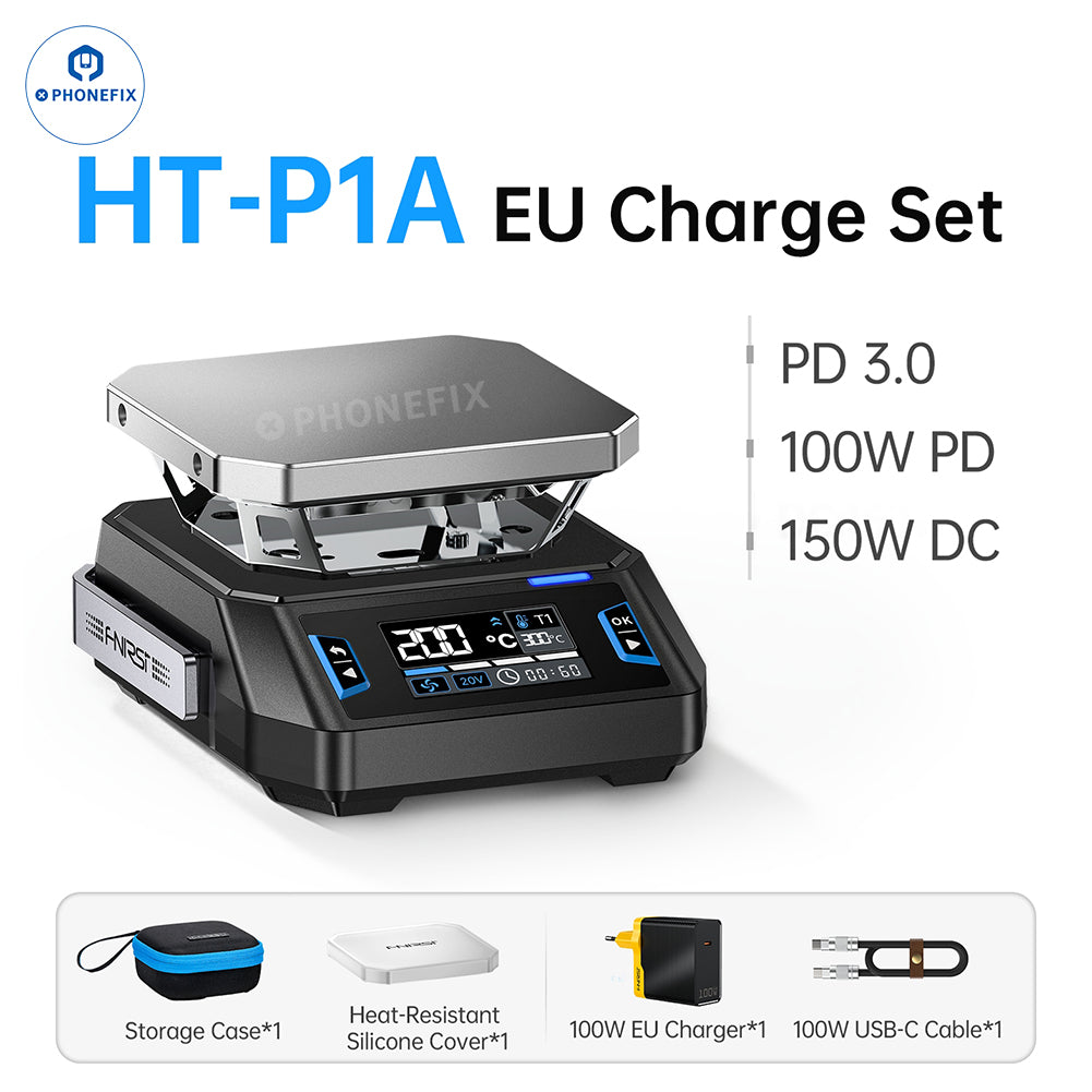 FNIRSI HT-P1A/P1B mini PCB heating platform for phone repair, with control knobs and heating surface for PCB desoldering.