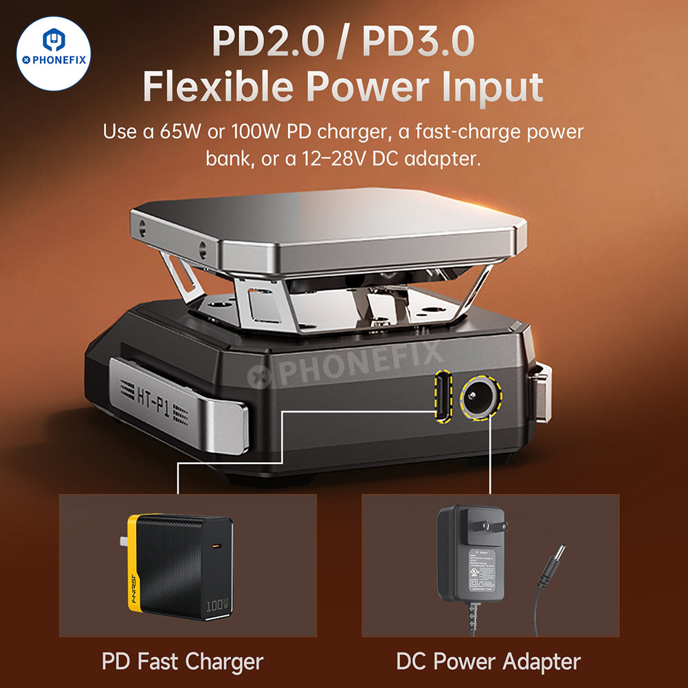 PHONEFIX FNIRSI HT-P1A/P1B mini PCB heating platform for phone repair, shown with heating surface and control elements.
