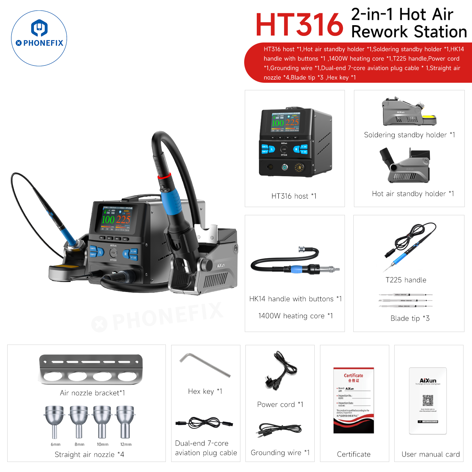 AiXun HT316 Digital Hot Air Gun Soldering Iron 2-In-1 Rework Station