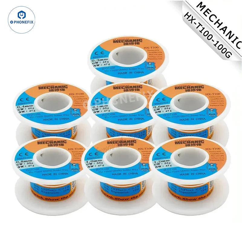 Sn63% Pb37% rosin core tin solder wire for phone BGA repair, 100g spool from PHONEFIX, ideal for electronics and soldering projects.