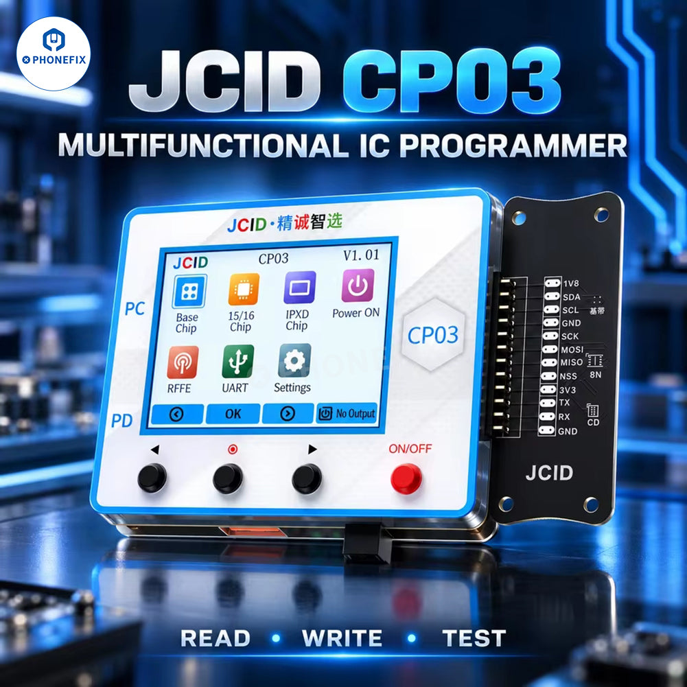 PhoneFIX JCID CP03 multifunctional IC programmer for phone repair, showing the device with various ports and circuit board.