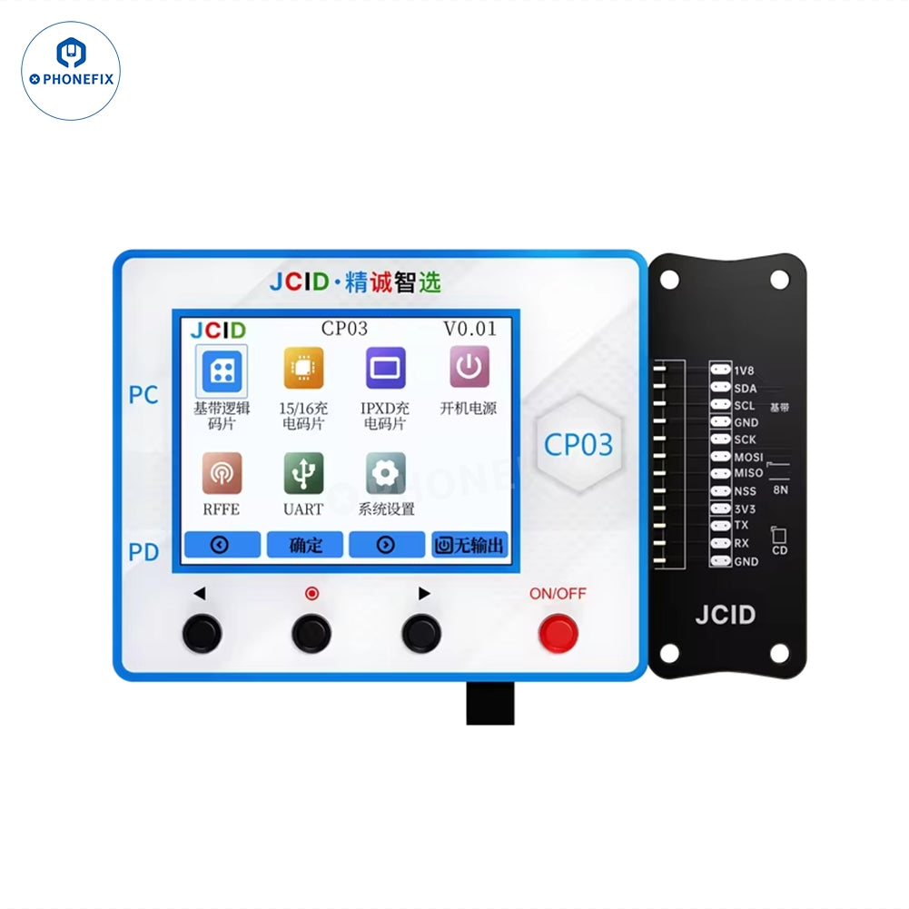 PhoneFix JCID CP03 multifunctional IC phone programmer device for phone repair, with screen and ports visible in the image.
