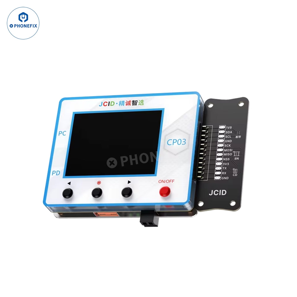 PhoneFix JCID CP03 multifunctional IC programmer for phone repair, showing device with various connection ports and interface.