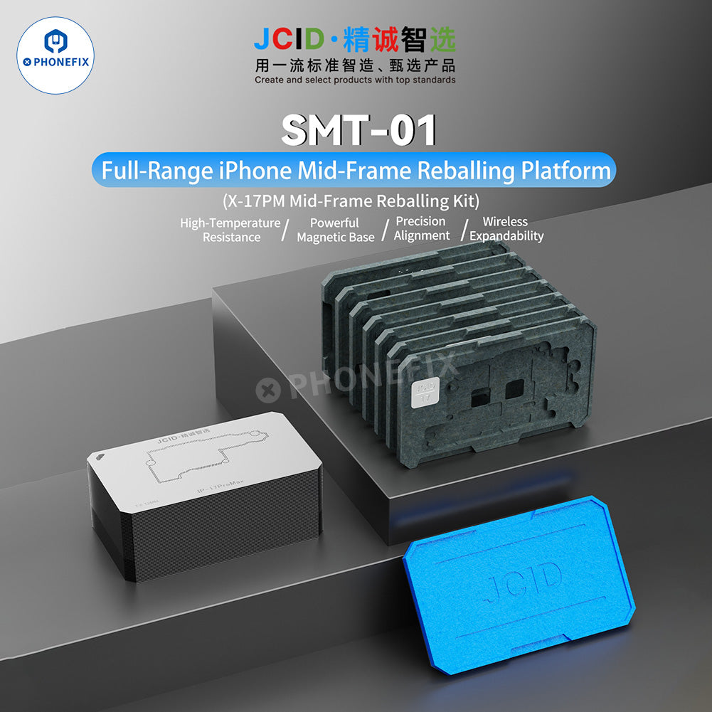 JCID SMT-01 BGA reballing platform for iPhone X-18 series, used for precise reballing of mobile device circuit boards.