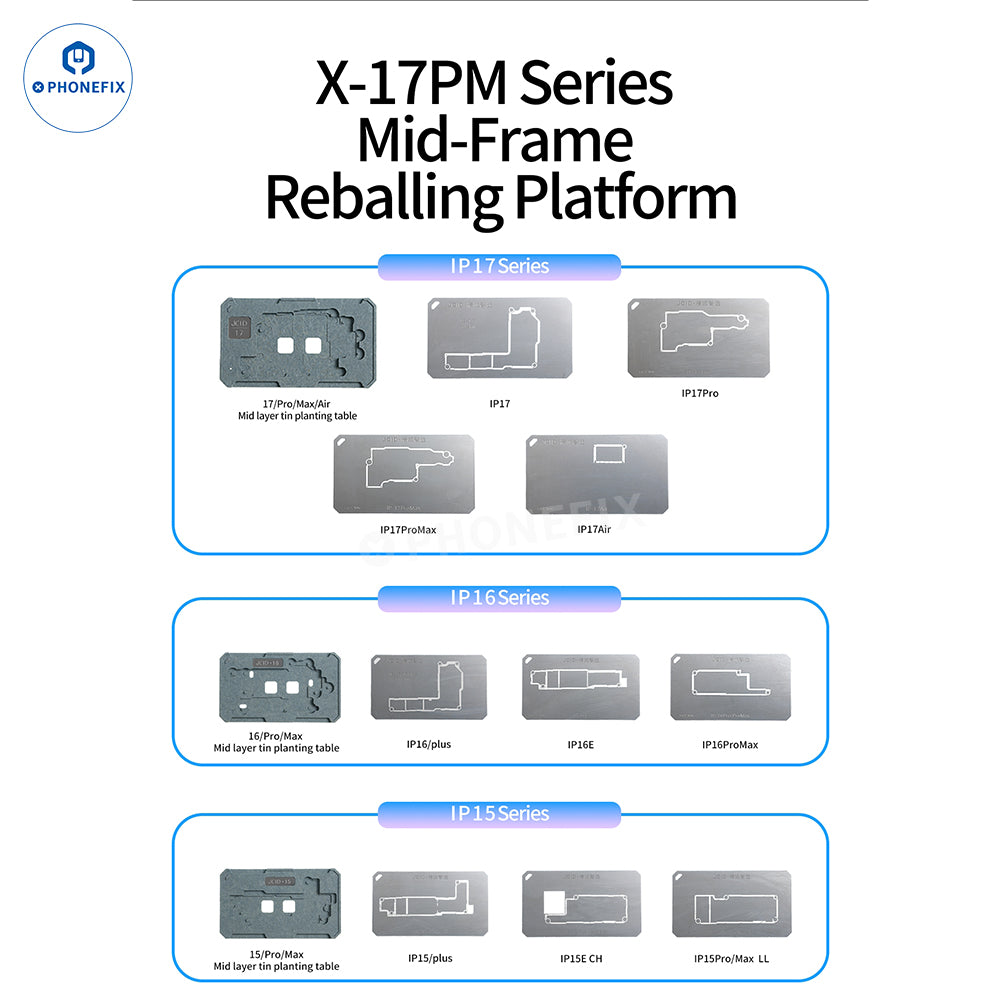 JCID SMT-01 BGA reballing platform for iPhone X-18 series by PHONEFIX, showing the middle layer with reballing tools.