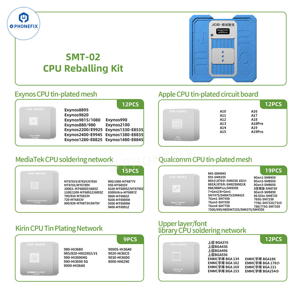 JCID SMT-02 BGA reballing platform kit by PHONEFIX for iPhone and Android CPU reballing with stencils and tools.