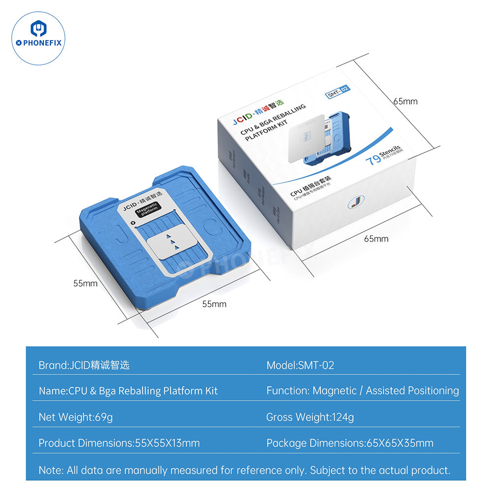 JCID SMT-02 CPU BGA reballing stencil platform kit for iPhone and Android, used for precise reballing of smartphone CPUs.