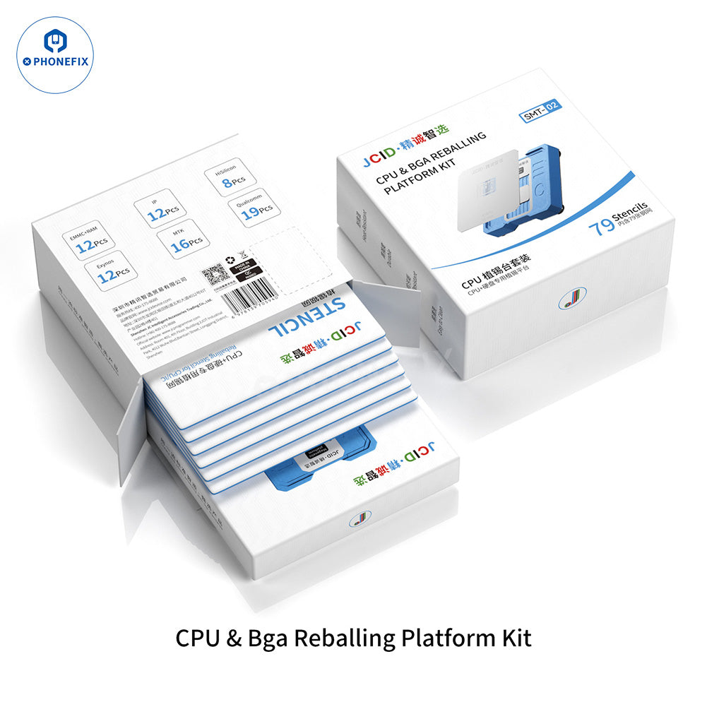 JCID SMT-02 BGA reballing platform kit for iPhone and Android, includes stencil and tools for CPU rework, by PHONEFIX.