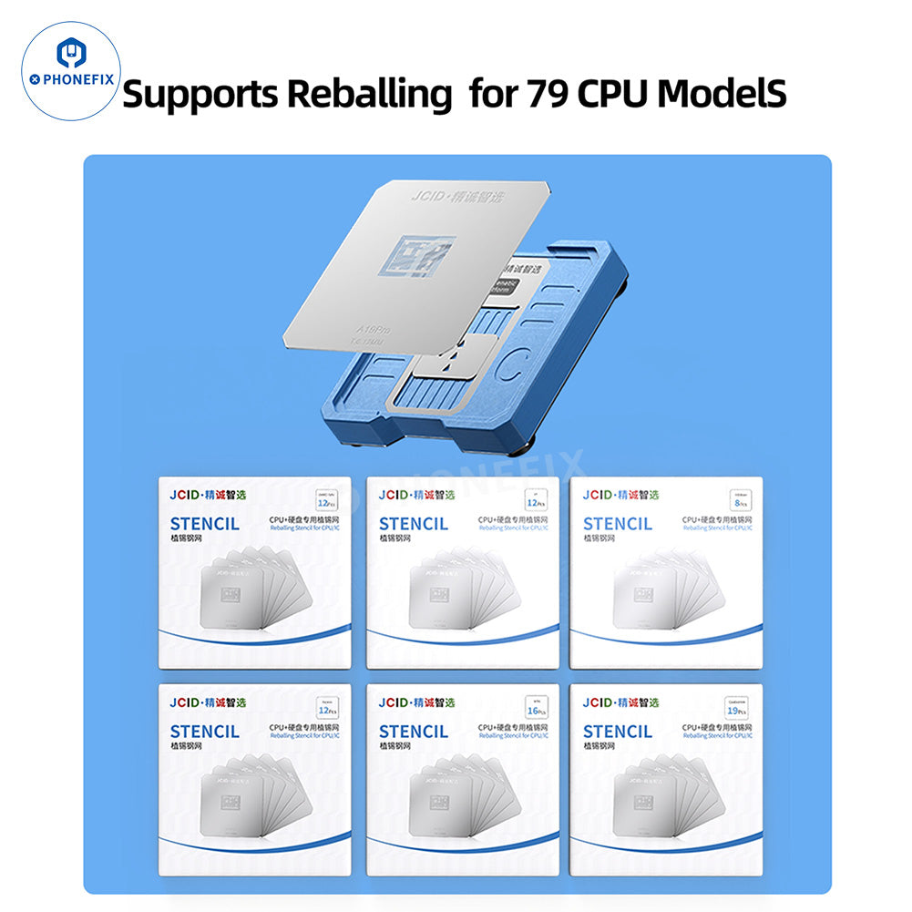 JCID SMT-02 BGA reballing platform kit for iPhone and Android, with stencil plates for CPU reballing repair.