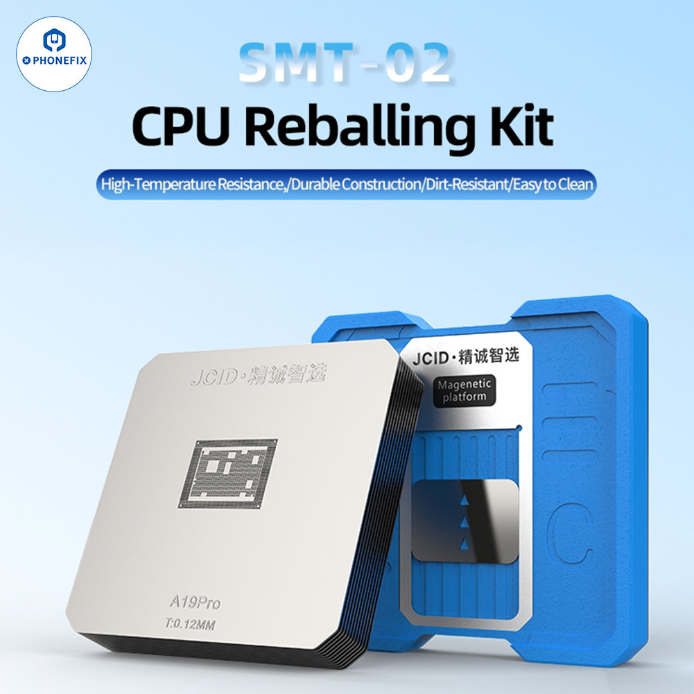 JCID SMT-02 CPU reballing stencil platform kit for iPhone and Android BGA reballing, by PHONEFIX, shown on a work surface.