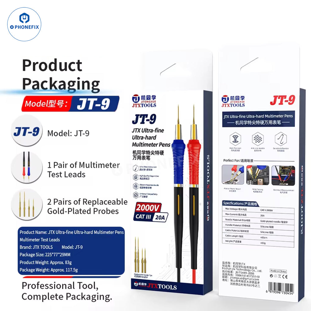PHONEFIX JTX JT-9 multimeter test leads pen for digital current and voltage testing, ultra-fine and ultra-hard probe tips.