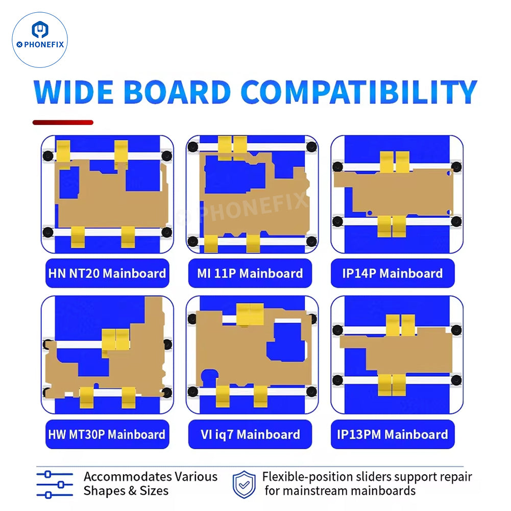PHONEFIX JTX KJ-04 KJ-05 motherboard IC holder fixture for phone repair, used in soldering and IC component placement.