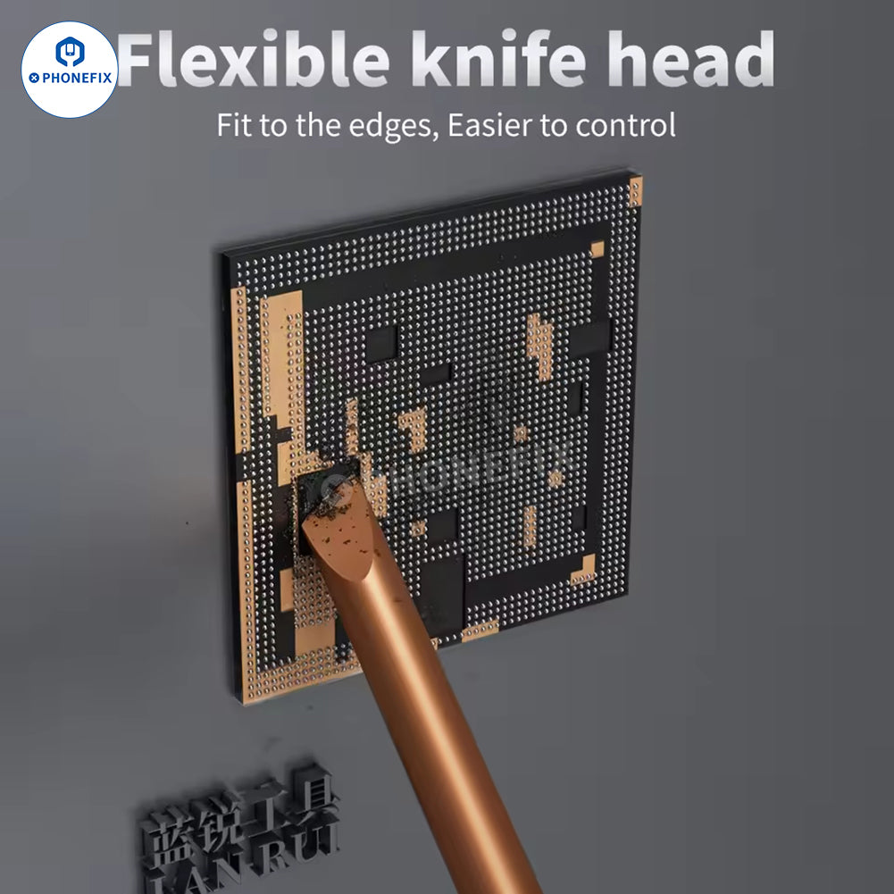 LANRUI T90 degumming knife for phone PCB and CPU IC glue removal, part of PHONEFIX tweezers and knife tools collection.