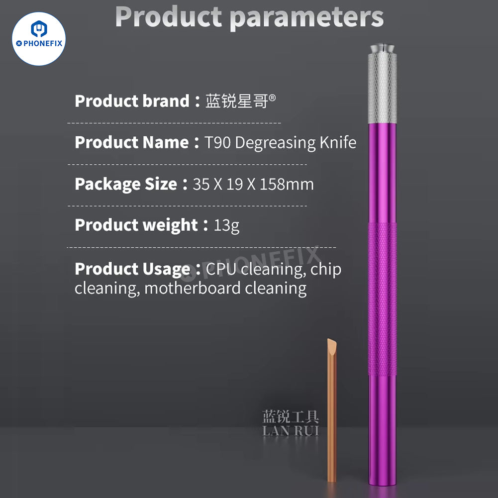 LANRUI T90 degumming knife from PHONEFIX, a precision tool for removing PCB and CPU IC glue in electronics repair.