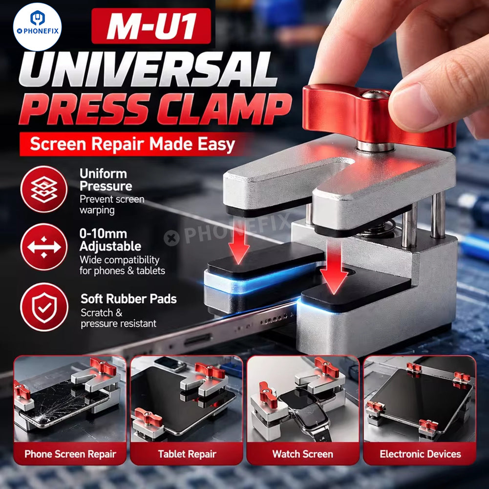 MR.YANG M-U1 universal press clamp from PHONEFIX used for screen and frame repair in electronic device maintenance.
