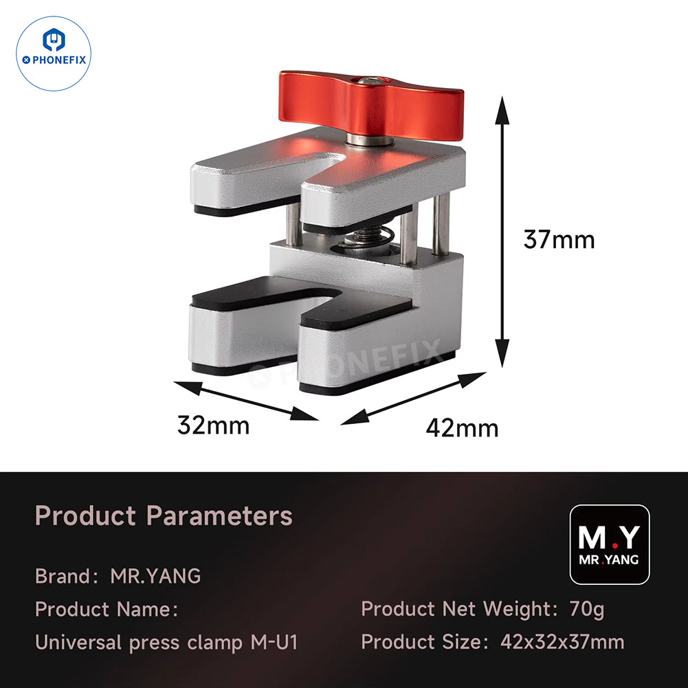 MR.YANG M-U1 universal press clamp for screen and frame repair, shown in use, part of PHONEFIX's screen repair tools collection.