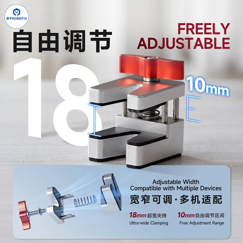 MR.YANG M-U1 universal press clamp for screen and frame repair, shown securing a phone screen during repair process.