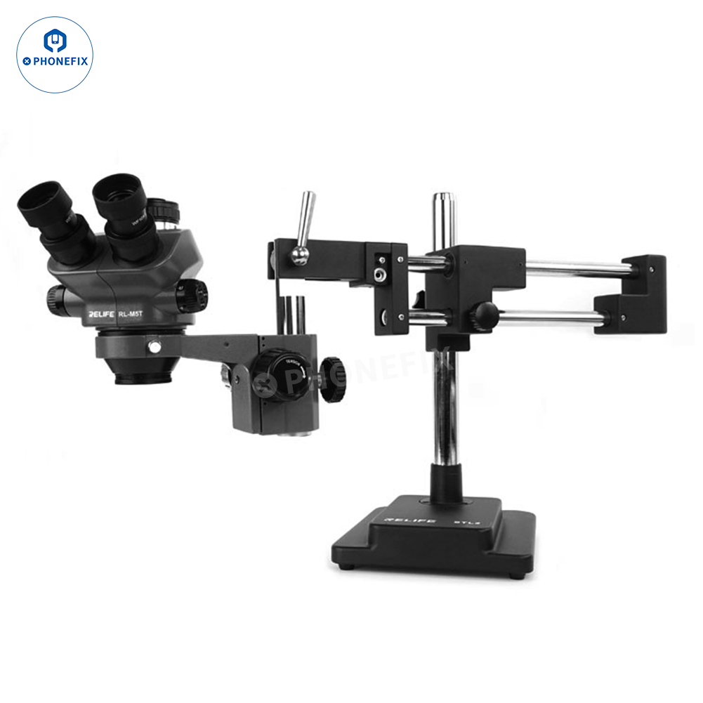 RELIFE RL-M5T-B1 trinocular microscope with HDMI camera and black stand, used for detailed viewing and imaging in scientific research.