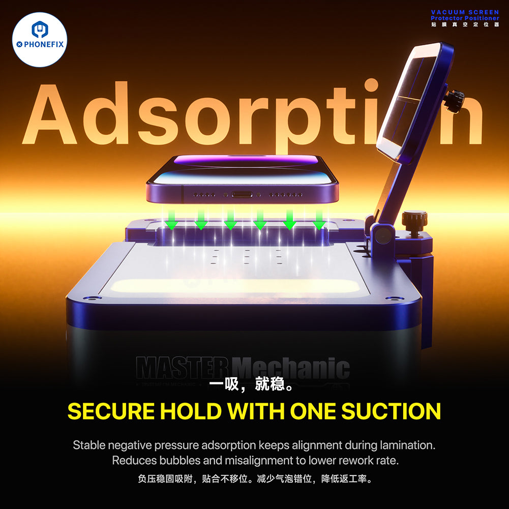 PHONEFIX mechanic LockFit vacuum phone screen protector positioner used for precise screen repair alignment.
